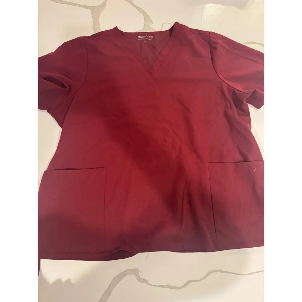Mandala Burgundy Scrub Set Equa-Tek V-Neck Top 2XL Petite XL Pants Wine Red